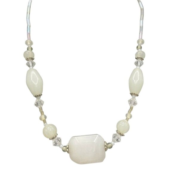 Necklace Women 19" Chunky Agate Beads White Choker Necklace Signed Adjustable - Picture 2 of 5